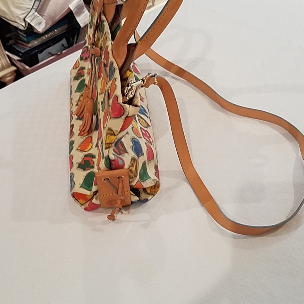 Dooney & Bourke Multicolor Heart Print Satchel with Tan Trim - Picture 2 of 5
